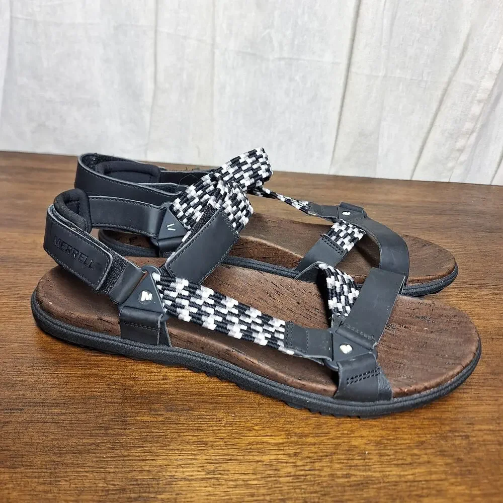 Merrell around town sunvue woven strap sandals hiking comfort beach black/white